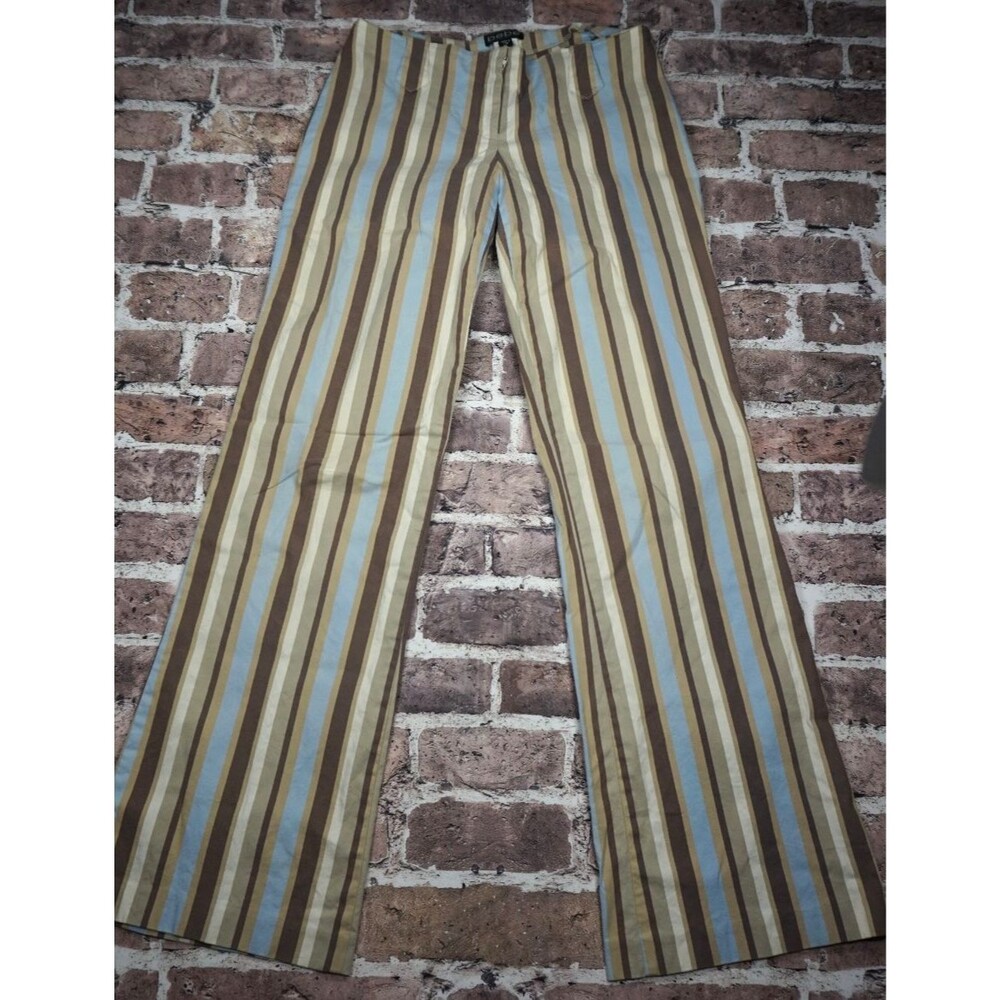 VTG Y2K BeBe Low Rise Striped Pants Womens 10 Blue Brown Pinstripe Flare Retro